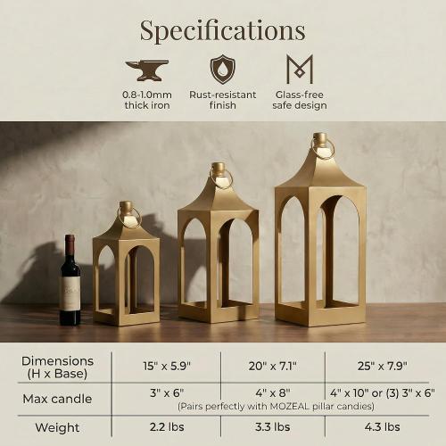 MOZEAL 20 Large Grace Spire Floor Lantern - Gold Heavy Metal No Glass - in/Out Use, for Fireplace/Patio/Entryway/Porch - Vers Event/Home - Lux Holiday Holder for Pillar/LED Lights