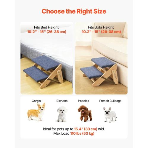 VEVOR Wood Pet Stairs, 2-Step Dog Stairs for Beds, Sofa & Cars, 110lbs Load Capacity, Floded Flat Design, Stable & Sturdy Cat & Dog Step Ladder for Small Medium Large Older Pet Puppy Essentials