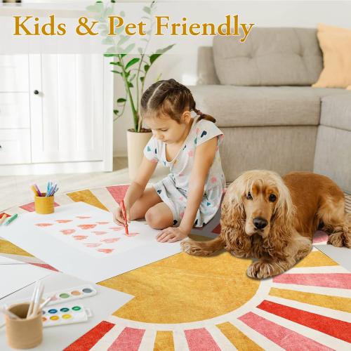Size 4ft Classroom Rug 4Ft, Round Washable Accent Rug for Kids Colorful Sun Rainbow Throw Carpet for Living Room Soft Thin Mat Non-Slip Low Pile Circle Rug for Nursery Bedroom Playroom