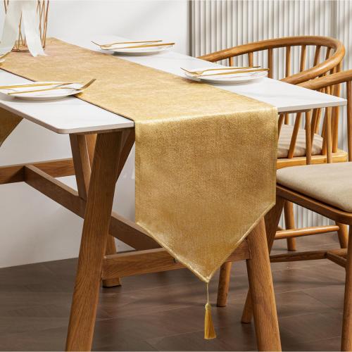 BALCONY & FALCON Table Runner Faux Linen with Tassel Shimmer Gold 14x51