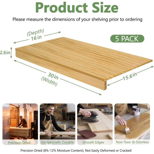 Solid Wood Shelf Covers for Wire Shelving, Wire Rack Covers for Pantry Shelves, Tool-Free & Snap-On (5pcs, 30 W x 16 D)