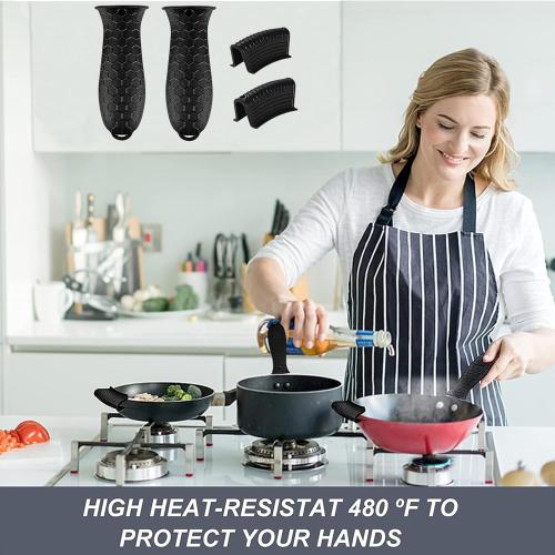 4 Pcs Non-Slip Silicone Hot Handle Holder & Assist Grips, Potholder for Cast Iron Skillets, Heat Resistant Handle Cover Sleeve for Frying Pans, Casserole, Cookware Handles, Black