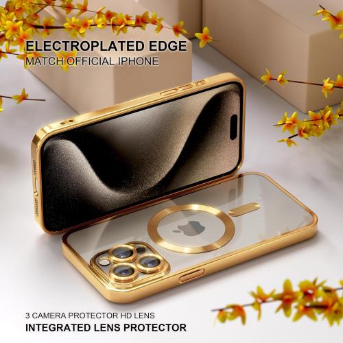 Size iPhone 15 Pro Max Color Gold Misea Magnetic for iPhone 15 Pro Max Case with MagSafe [Never Yellowing] [Military Grade Drop Protection] Full Camera Lens Protector Plating Soft Clear Phone Case for Women Girls, Gold