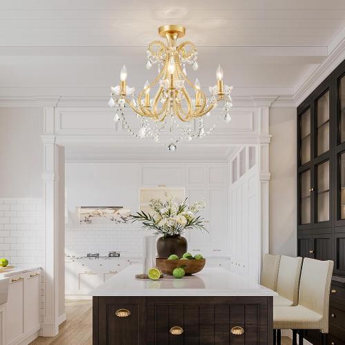 WUZUPS 5-Light Crystal Candle Chandelier Flushmount Ceiling Light Modern Lighting Fixture for Bedroom Hallway Bar Kitchen Bathroom, H 20.9 W 22, E12 Base, Gold