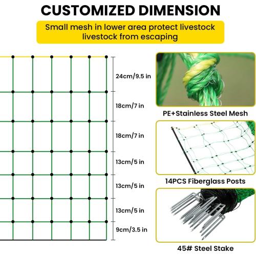 Electric Fence Netting, 42.6 H x 164'L Electric Anti-Predator Poultry Fence, PE Net Fencing Kit with 14 Posts Double Spiked, Movable Livestock Nets for Sheep, Hogs, Cattle and Other Big Poultry