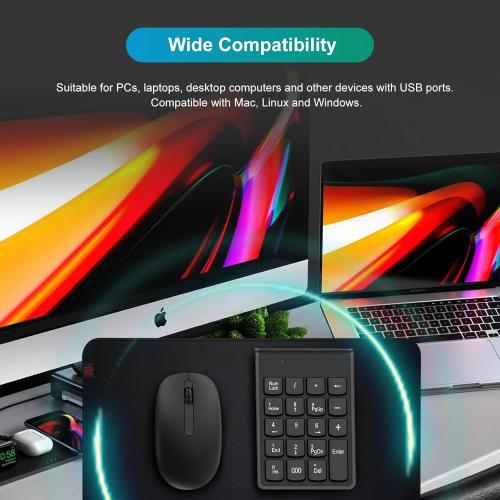 Color Black Loonasa Wireless Numeric Keypad, Mini 2.4G 19 Keys Number Pad and Mouse with Batteries, Upgraded Version of 10 Key USB Keypad Portable Silent Extensions Keyboard for Laptop, PC, Desktop, Notebook