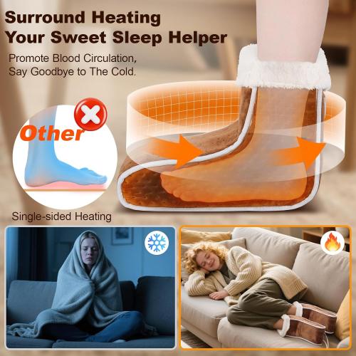 Split Electric Foot Warmer, Quick Heating Pad for Feet, 6-Level Heated Slippers for Men Women, Soft Heated Boots, Feet Warmer with Detachable Washable Liner for Home