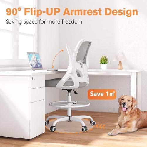 WHITE Tall Drafting Chair with Lumbar Support and Footrest Ring, Supportive Tall Extended Height Ergonomic Desk Chair for Home Work, Breathable Mesh Office Chair with Flip up Arms(Gray)