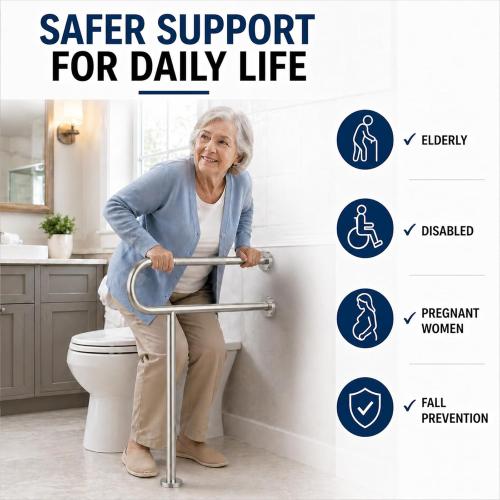 Toilet Grab Bar with Leg, Floor Mounted Knurled Safety Rail, Heavy Duty Brushed Nickel Stainless Steel Support Handle, Bathroom Stand Assist, Non-Slip Mobility Aid for Elderly, Disabled, 31 Inch