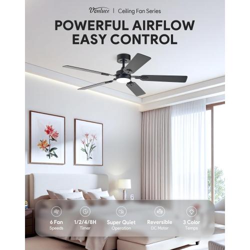 Black 52 VONLUCE Ceiling Fans with Lights and Remote, 52 Ceiling Fan with 5 Blades, 6-Speeds Noiseless Reversible DC Motor for Farmhouse Bedroom Indoor, Black