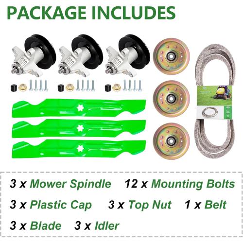 50 Inch Deck Mover Rebuild Kit Fits Troy Bilt Cub Cadet MTD Mustang RZT50 Cub Cadet I1050 LTX1050 Includes 3 Spindles 618-04125 918-04125c 3 Blades 742-04053 3 Idlers 756-04129 1 Belt 754-04044