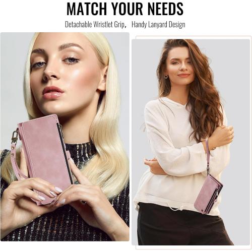 Defencase Compatible with iPhone 15 Case Wallet with RFID Blocking Card Holder for Women and Men, Fashion PU Leather Magnetic Snap Flip Zipper Strap Wallet Phone Case Fit for iPhone 15 6.1, Rose Pink