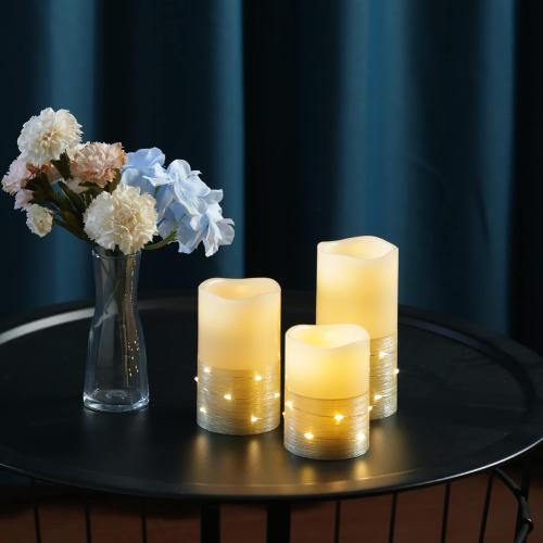 H-BLOSSOM Flickering Flameless Candles Ivory Real Wax Pillar with Embedded String Lights LED Candles Battery Operated with 10 Key Remote and Cycling 5H Timer Set of 3 (3 x 4/5/6) (Gold)