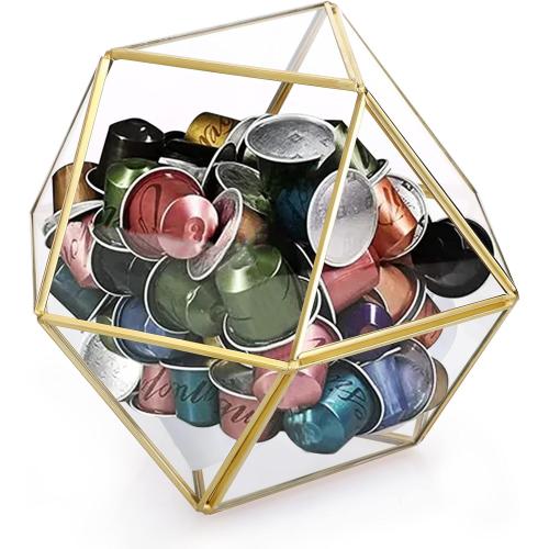 ELLDOO Gold Glass Coffee Pods Holder, Large Capacity 14 Sided Glass Box for K Cups & Nespresso Capsules, Coffee Capsule Storage for Counter Coffee Bar, Kitchen, Office