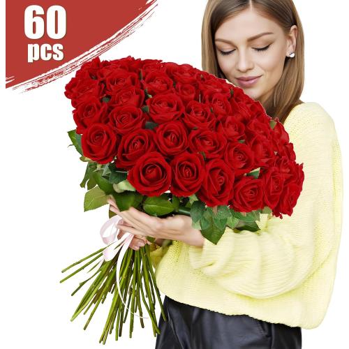 60 Pcs Artificial Roses Bulk Velvet Silk Roses Red Rose Flowers for Wedding Centerpieces Bridal Bouquet Mohter's Day Valentine's Day Christmas Home Decor (60, Red)