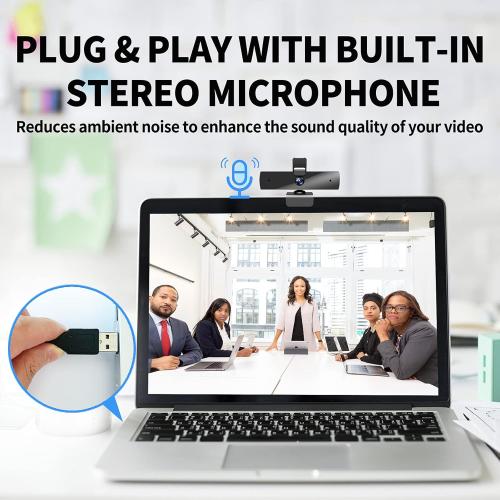 Webcam with Microphone and Privacy Cover, FHD Webcam 1080p, Desktop or Laptop and Smart TV USB Camera for Video Calling, Stereo Streaming and Online Classes