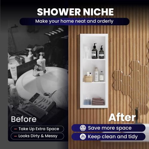 Stainless Steel Shower Niche 12 x 36, 3-Layer Wall Mounted No Tile Needed, Recessed Shower Niche with Hollow Partition, Shower Niches Shelf for Bathroom Organizer, White