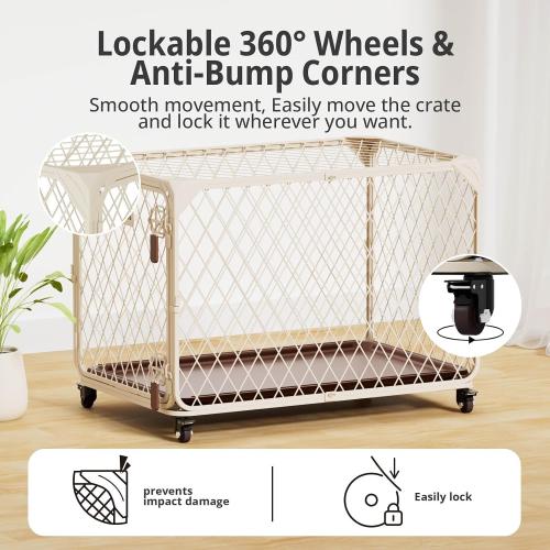 Diamond Mesh Dog Crate for Small Dogs, 30 Inch Metal Dog Kennel with Lockable Wheels, up to 70lbs, Double Secure Latch Dog Cage with Removable Tray, Durable & Easy to Assemble, Beige