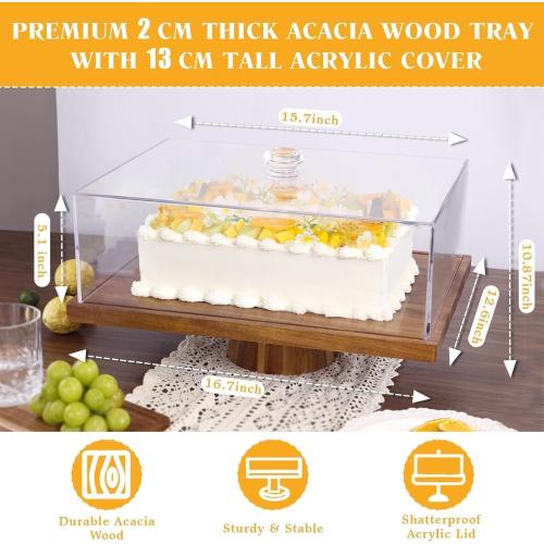 17 Acacia Wood Cake Stand with Lid, 2-in-1 Rectangular Charcuterie Board & Dessert Display, Shatterproof Acrylic Cake Dome Cover for Freshness, Charcuterie Platter for Weddings, Parties