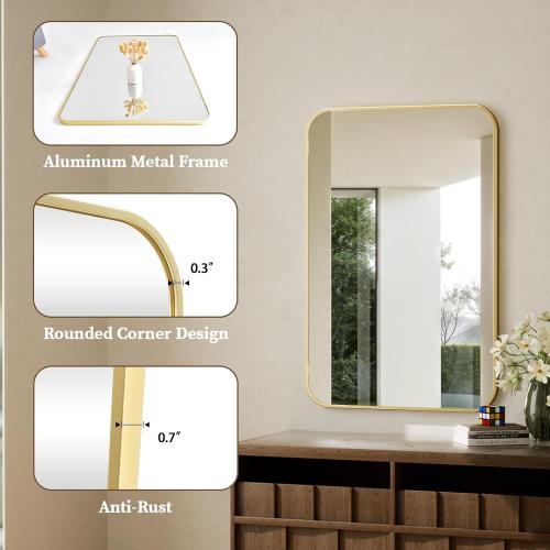 BEAUTYPEAK 26 x 38 Rectangular Aluminum Alloy Frame Wall Mounted Bathroom Mirror with Rounded Corners, Gold