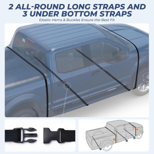 KAKIT Truck Cover Waterproof All Weather, Wear-Resistant Lightweight Fabric with Door Zipper and Tear Resistant Quick Drainage Holes, 5 Windproof Straps, Navy Blue (Truck Up to 250''L)