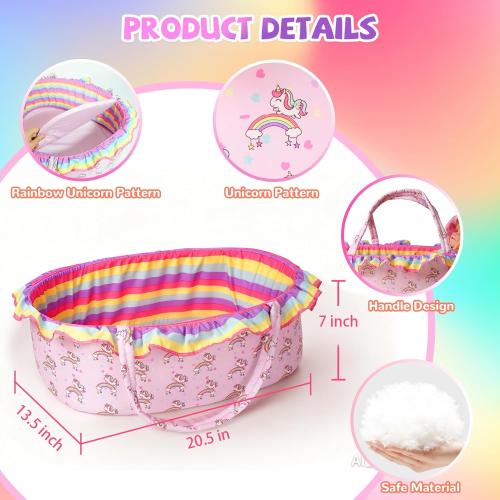 ARTST Reborn Baby Doll Accessories with Bassinet, Rainbow Unicorn Doll Clothes Outfit Set for 17-22 inch Newborn Babies,Valentine's Gift for 3-12 Girls Boys(NO Doll)