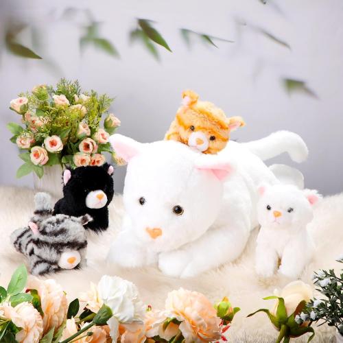 Skylety 5 Pieces Cat Stuffed Animal with Babies Inside,White | Pregnant Mommy Kitty Holds 4 Babies Inside Belly Zipper, Soft Plush Surprise Gift for Birthdays Christmas, Fluffy Toy Set