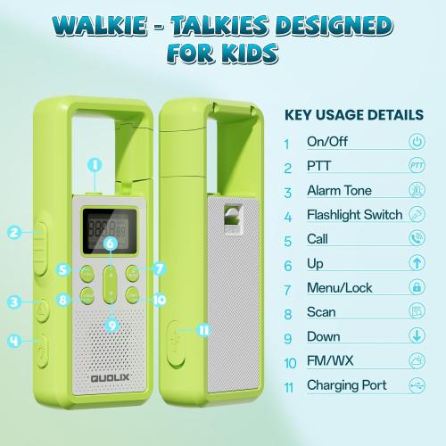 Pink and Blue 2 Pack QUOLIX Walkie Talkies for Kids Rechargeable, Kids Walkie Talkies with NOAA & VOX, 1020mAh Battery Toys for 3-12 Year Old Boys Girls, Durable Outdoor Gift for Camping, Hiking, Backyard Games (2 Pack)