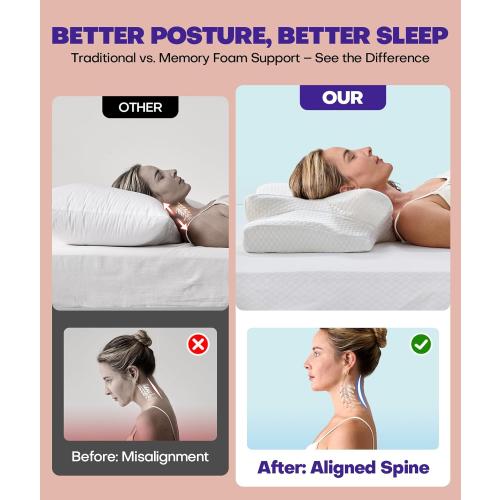 Cervical Neck Support Pillow for Side Sleepers, Orthopedic Contour Memory Foam Pillow for Neck Relief, Ergonomic Sleeping Pillow for Back and Stomach Sleepers, Cooling Pillow for Sleeping, White