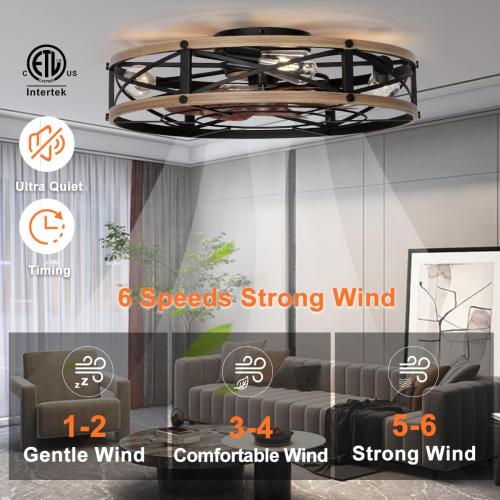 SHLUCE 24 Flush Mount Farmhouse Ceiling Fan with Light, Modern Caged Bladeless Ceiling Fans with Lights and Remote, Large Rustic Low Profile Ceiling Fan with Light for Bedroom, Living Room - ETL