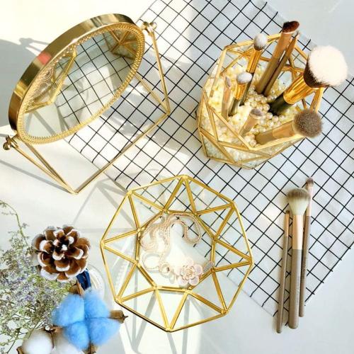 Clear Glass Makeup Brush Holder Vintage Jewelry Organizer Metal Handmade Art Crafts Pearls Not Included (Brass)