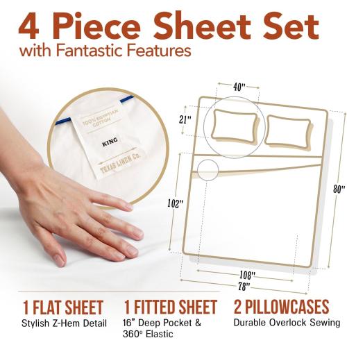 TEXAS LINEN CO. Luxury Egyptian Cotton King Size Sheet Set - 600 Thread Count 4 PC Deep Pocket Fitted and Flat Sheets, Soft, Cooling Extra Long Staple Hotel-Quality Bedding with Sateen Weave - White