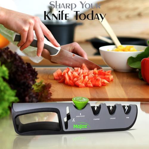 4 in 1 MAJAZ Knife & Scissor Sharpener, Tungsten Steel, Diamond & Ceramic Slots for Different Functions, Adjustable Angel to Fit All Knives Styles ( Kitchen, Fillet, Pocket, Hunting & Tactical Knives)