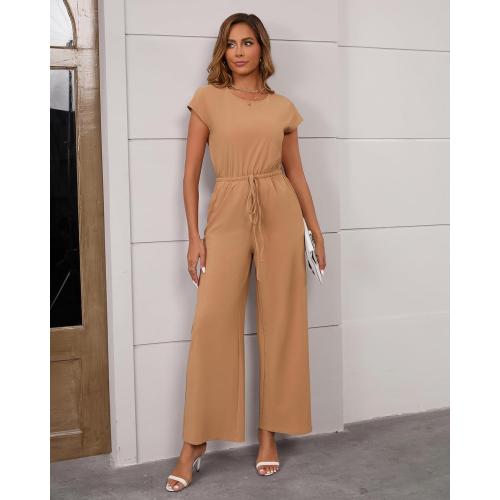 Women's Casual Loose Jumpsuits Crew Neck Short Sleeve Wide Leg Pant Rompers One Piece Outfits with Pockets