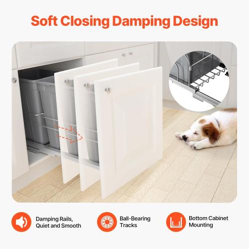 VEVOR Pull-Out Trash Can, 27 QT x2 Double Under Mount Kitchen Waste Container, Heavy Duty Garbage Recycling Bin with Door Kit and Soft Close Slide, for Kitchen Cabinet, Sink, Under Counter (Grey)