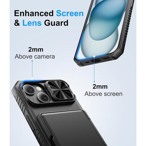 for iPhone 15, iPhone 14, iPhone 13 Wallet Case with Card Holder(4-5 Cards), Slide Camera Cover, Military Drop & RFID Protection, Heavy Duty Women Men Phone Case for iPhone 15/14/13, Black