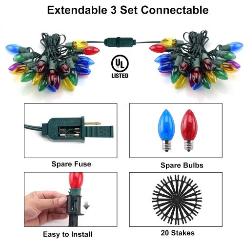 TIORIY Christmas Lights Outdoor 20 Pathway Lights - 24.2ft Multicolor Walkway Light with Stakes, C9 Driveway Light for Outside Yard Garden, Extendable for Xmas Holiday Decorations, 20 Lights