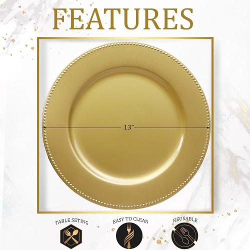 Set of 12 Gold Charger Plates with Beaded. 13 Reusable Plastic Table Chargers for Dinner Plates