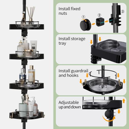 360° Rotating Shower Caddy Tension Pole, 4 Tiers Corner Shower Organizer for Bathroom Shelf Bathtub, Adjustable Standing Shower Rack Bathroom Accessories, Easily Assemble, 34-124 Inch Height, Black
