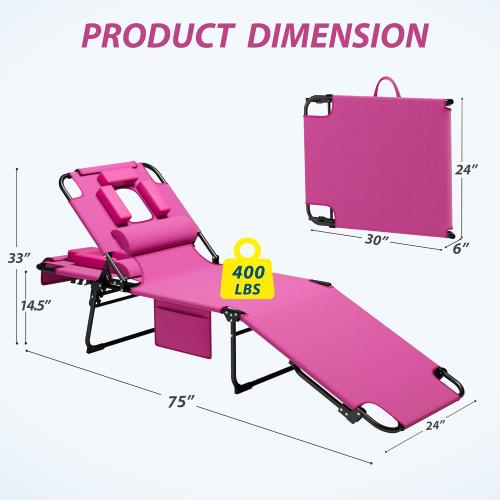 400lbs Tanning Chair with Face Hole, 5-Position Folding Chaise Lounge Chair with Side Pockets, Portable Beach Lounge Chair for Outdoor Sunbathing Patio Pool Lawn, Pink