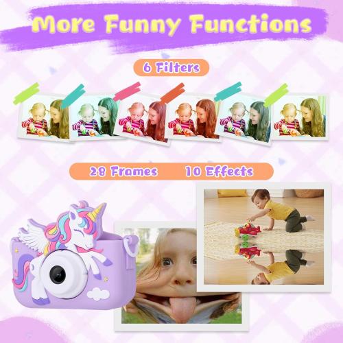 Unicorn Toys Camera for Kids Girls Age 3-8, Toddler Kids Digital Camera Christmas Birthday Gifts for 3 4 5 6 7 8 Years Old Girl, Cute Selfie Video Camera, HD 1080P, 32GB SD Card, Purple