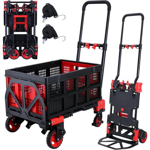Size 25x18x4.7 Color Red 2-in-1Hand Truck Dolly Foldable with Folding Basket,330LBS Capacity Handtruck,Hand Truck Foldable Dolly with 4 Wheels,Dolly Cart with Retractable Handle,Folding Hand Cart for Moving