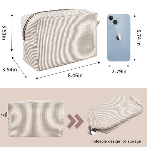 GFU Cosmetic Bags for Women, Seersucker Cosmetic Bag, Travel Toiletry Stripe Makeup Bag, Large Women Aesthetic Organizer Storage Pouch, Girls Handbags Purses, brown/white