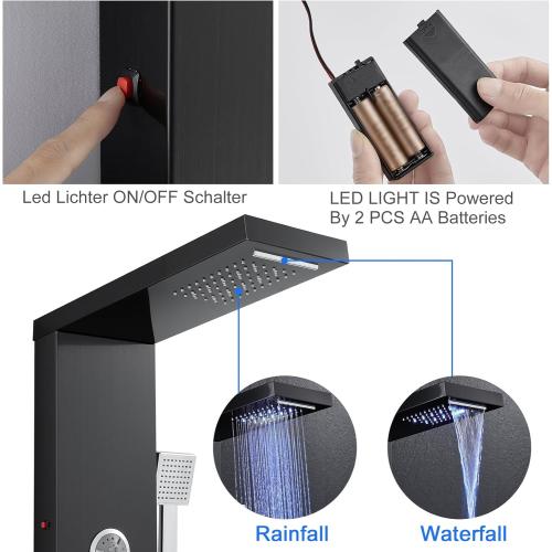 Multi-Function LED Lights Shower Panel System Black, 5 in 1 Shower Panel Include Rainfall & Waterfall Shower Head, 3 Pcs Adjustable Massage Jets, Handheld Shower, Tub Spout