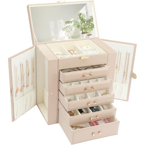Jewelry Storage Box, Jewelry Organizer with 22 Necklace Hooks, Large Jewelry Box for Ring Bracelet Necklace Earrings (Apricot)