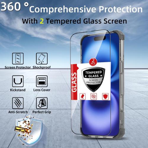 for iPhone 16 Plus Case Magnetic Compatible with MagSafe,with 2 Screen Protectors,Built-in Camera Cover Kickstand Ring,Military Grade Drop Shockproof Heavy Duty Protection Phone Bumper Black
