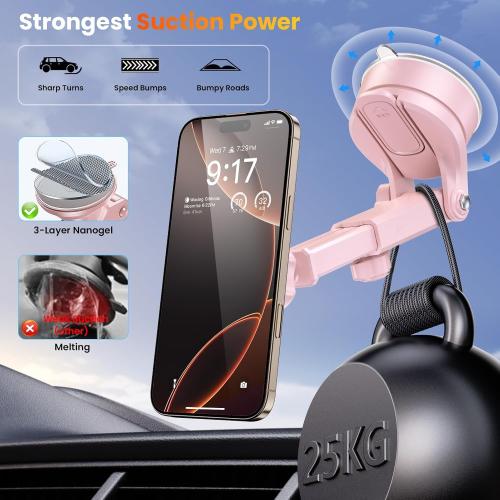 for MagSafe Magnetic Car Phone Holder [2025 Upgraded Strongest Magnet] Car Mount Suction Cell Stand for Dashboard Windshield Vent Compatible with iPhone 16/15/14/13/12/11 Android etc-Pink