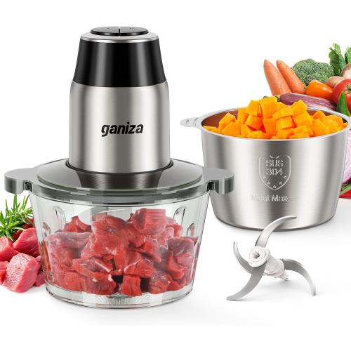 GANIZA Food Processors, Electric Food Chopper with Meat Grinder & Vegetable Chopper - 2 Bowls (8 Cup 8 Cup) with Powerful 450W Copper Motor - Includes 2 Sets of Bi-Level Blades for Fruits/Meat/Nuts