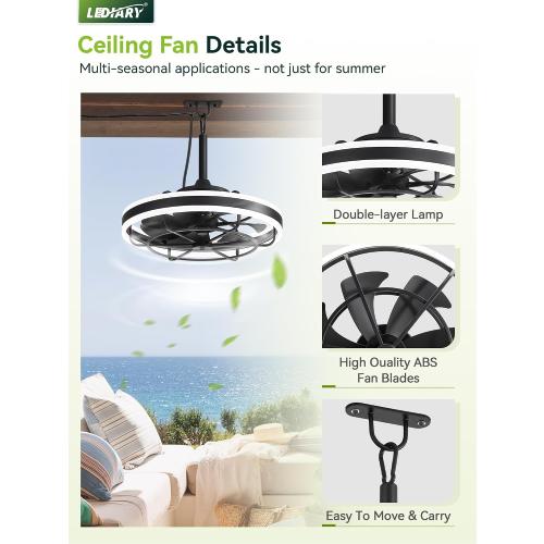 LEDIARY 20 Outdoor Ceiling Fans with Light, IP65 Waterproof Gazebo Fan with Hanging Hook, App Control for 3CCT Dimmable, Caged Plug in Ceiling Fan with Hanging Hook for Patio, Porch, Pergola