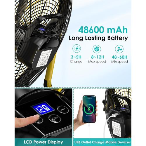 ZHULI 18 Solar Fan, Portable Battery Operated Floor Fan, Rechargeable Cordless Camping Fan, 40W Solar Panel, Hi-Velocity Brushless Motor, Metal blade, USB Phone Charge, 8~60H Runtime, Quiet, Wireless